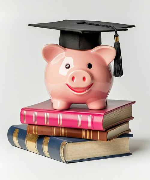 A cheerful piggy bank wearing a graduation cap rests atop a stack of colorful books